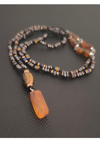 Sertifikalı Baltık Damla Kehribar-Lapis Lazuli-Kaplangözü-Hematit Doğaltaş Kolye Takı Aksesuar