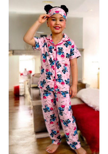 Kız Çocuk Desen Pembe Renk Gömlek Yaka Düğmeli Pijama Takımı Göz Bandı Dahil Kısa Kollu fiyatları