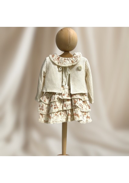 Kız Bebek Fırfır Etekli 3lü Takım - Hırka + Fırfırlı Elbise + Yakalı Üst - Krem & Soft Floral Desen