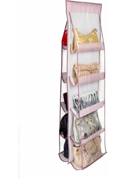 10 Bölmeli Dolap Içi Çanta Organizeri - Pembe Çizgili - 435297-1453