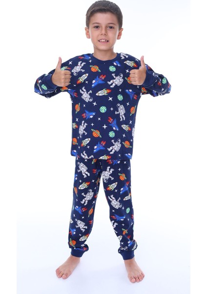 Isob Lacivert Uzay Desenli %100 Pamuk Erkek Çocuk Pijama Takımı 8-13 Yaş 41508-L