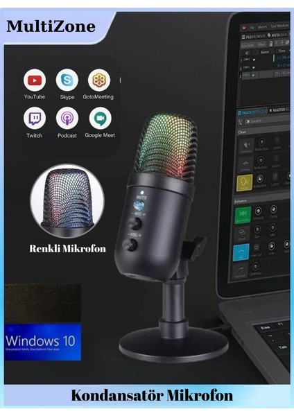 Multizone Rgb Işıklı Profesyonel Kardioid Oyuncu Yayıncı Mikrofonu Stüdyo Podcast Için
