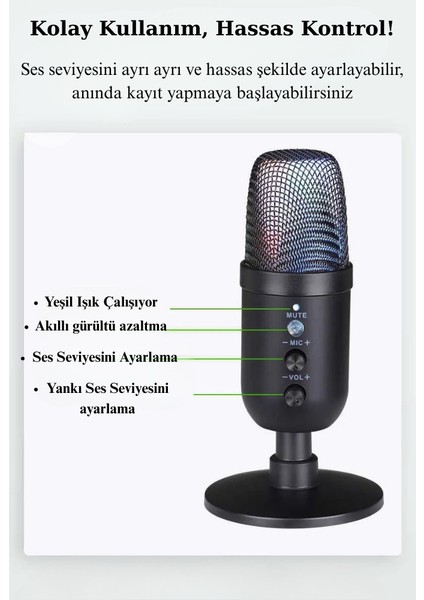 Multizone Rgb Işıklı Profesyonel Kardioid Oyuncu Yayıncı Mikrofonu Stüdyo Podcast Için