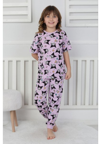Isob Lila Kuromi Desenli %100 Pamuk Kız Çocuk Kısa Kollu Pijama Takımı 3-8 Yaş 41212-L