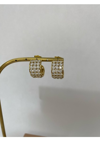 Üç Sıra Taşlı Gold Küpe