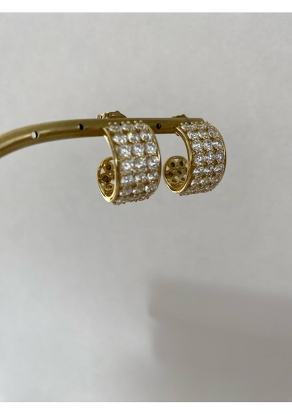 Üç Sıra Taşlı Gold Küpe