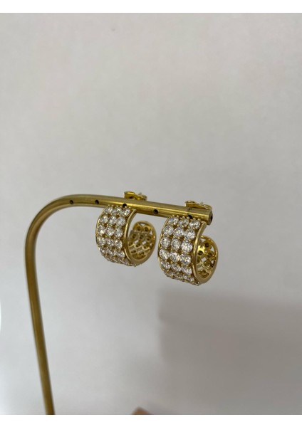Üç Sıra Taşlı Gold Küpe