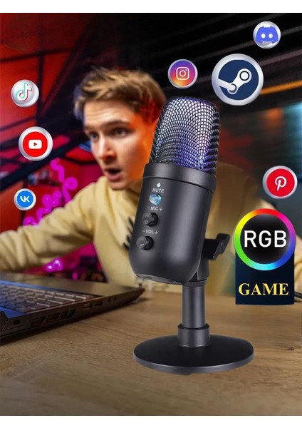 Multizone Rgb Işıklı Profesyonel Kardioid Oyuncu Yayıncı Mikrofonu Stüdyo Podcast Için