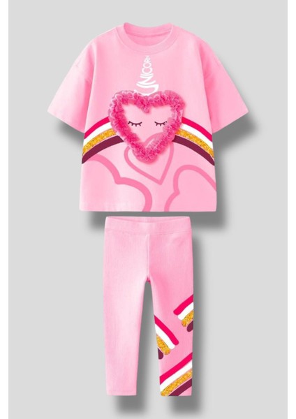 Yeni Sezon 3D Kalp Detaylı Unicorn Baskılı T-Shirt Tayt Alt Üst Takım - 2 Parça / Pamuklu