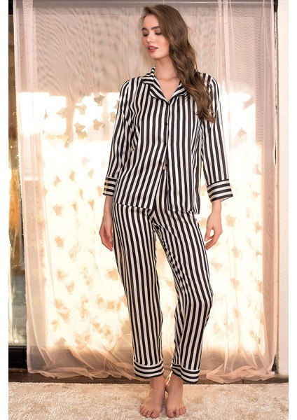 Çizgili Saten Pijama Takımı
