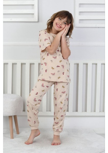 Isob Bej Kelebek Desenli %100 Pamuk Kız Çocuk Kısa Kollu Pijama Takımı 3-8 Yaş 41210-B
