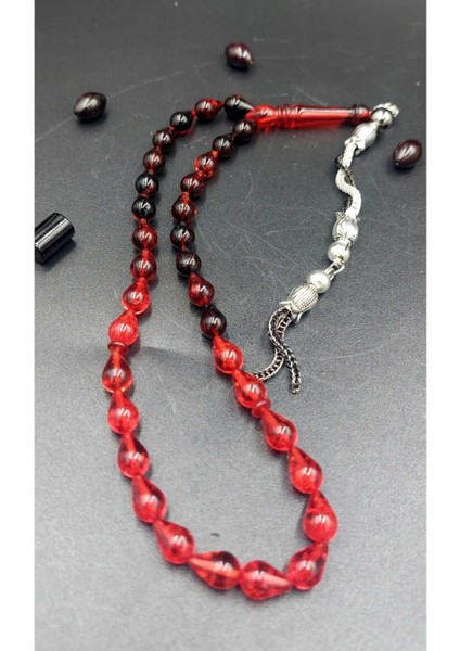 Kırmızı-Siyah Damla Model Alpaka Püskül Ateş Kehribar Tesbih