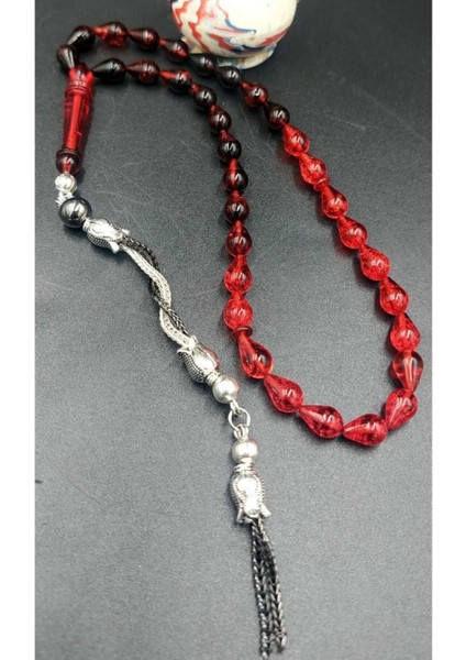 Kırmızı-Siyah Damla Model Alpaka Püskül Ateş Kehribar Tesbih indirimleri