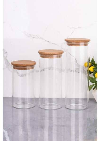 3'lü Ahşap Vakum Kapaklı Cam Kavanoz 1100/900/700 ml Şekerlik Drajelik Saklama Kabı