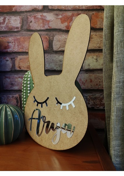 Tavşan Figürlü Çocuk Odası Dekoratif Kapı Süsü 30 cm 3 mm Ham Mdf Üzeri Gümüş