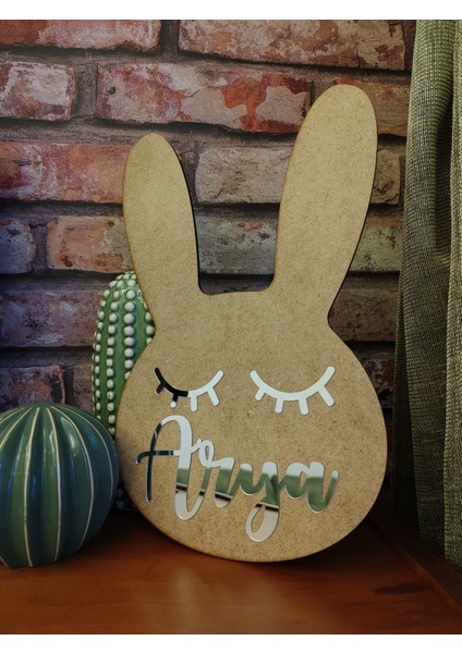 Tavşan Figürlü Çocuk Odası Dekoratif Kapı Süsü 30 cm 3 mm Ham Mdf Üzeri Gümüş fiyatları