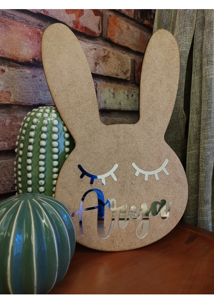 Tavşan Figürlü Çocuk Odası Dekoratif Kapı Süsü 30 cm 3 mm Ham Mdf Üzeri Gümüş modelleri