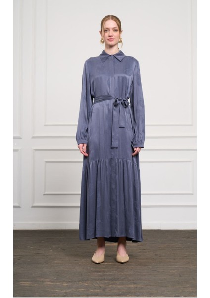 Nuss 2044 Kendinden Desenli Kemerli Elbise