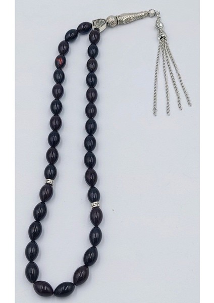 Mavi&Siyah Alpaka Püsküllü Arpa Kesim Ateş Kehribar Tesbih