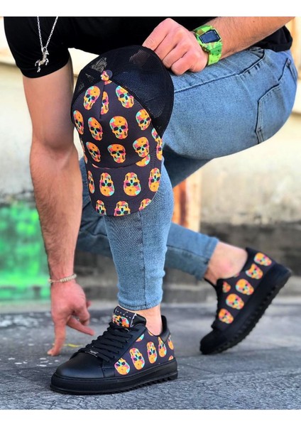 LISINYA947 CZ01 Kömür Kurukafa Baskılı Erkek Casual Ayakkabı - 370724-1453