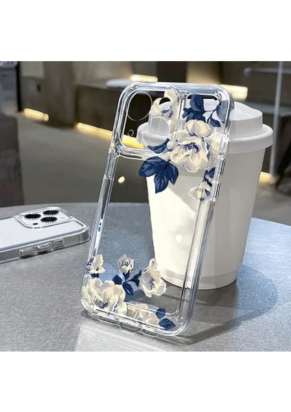 Mavi Çiçekli Şeffaf Apple iPhone 16 Telefon Kılıfı