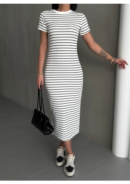 Kadın Çizgili Yırtmaçlı Esnek Uzun Örme Elbise modelleri