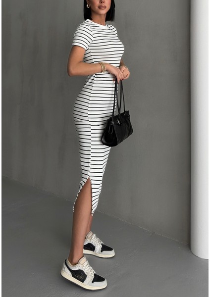 Kadın Çizgili Yırtmaçlı Esnek Uzun Örme Elbise fırsatları