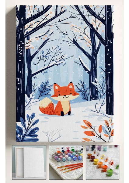 Sayılarla Boyama Çerçeveli Hobi Seti Numaralı Tuval Fırça Boya Dahil Kasnaklı 40X50 cm Küçük Tilki Karda