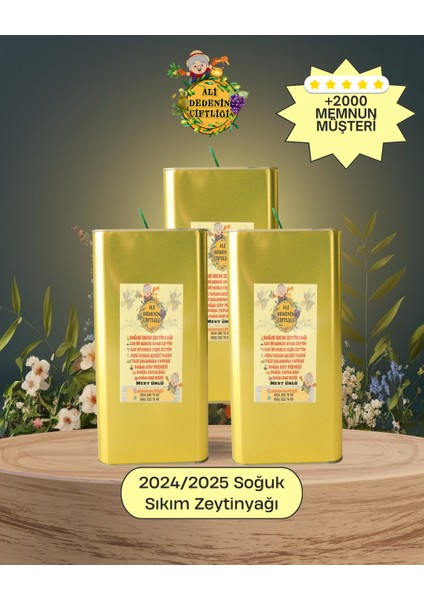 15 Litre Soğuk Sıkım Naturel Sızma Zeytinyağı – %100 Doğal, Yerli Üretim (Ayvalık, İlk Hasat, Teneke Ambalaj)"