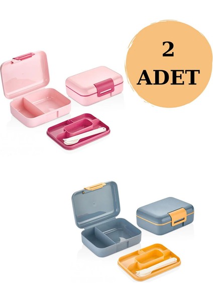 2'li Kendinden Kaşıklı 5 Bölmeli 2 Katlı Beslenme Kutusu Pembe-Mavi