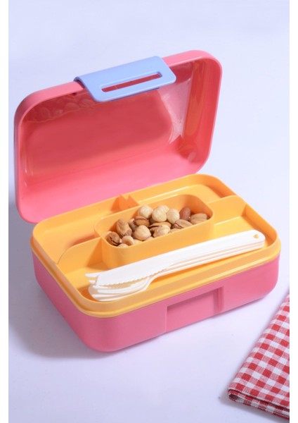 2'li Kendinden Kaşıklı 5 Bölmeli 2 Katlı Beslenme Kutusu Pembe-Mavi modelleri