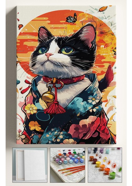 Sayılarla Boyama Tuval Seti Fırça Boya Dahil (Çıtalı) 40X50 cm - Çıngıraklı Kedi