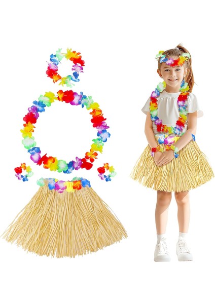 Yetişkin Çocuk Hawaii Parti Seti - 40 cm Naturel Etek + Çiçek Aksesuarlar (5 Parça)