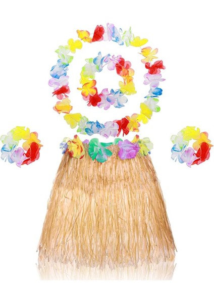 Yetişkin Çocuk Hawaii Parti Seti - 40 cm Naturel Etek + Çiçek Aksesuarlar (5 Parça) fiyatları