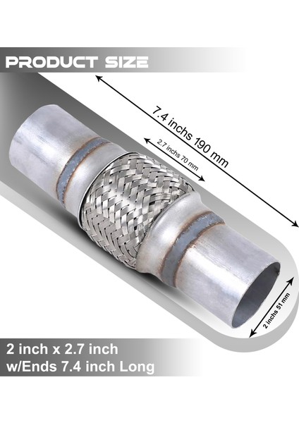 Egzoz Spiral Flex BORUSU,51MMX 190MM'' Üniversal Tip, Paslanmaz Çelik Çift Örgülü Egzoz Flex