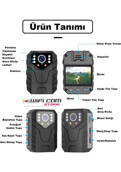 Wifi Li Gece Görüşlü Ekranlı Yaka Kamerası-Mini Kamera Araçta ve Birçok Alanda Da Kullanılabilir