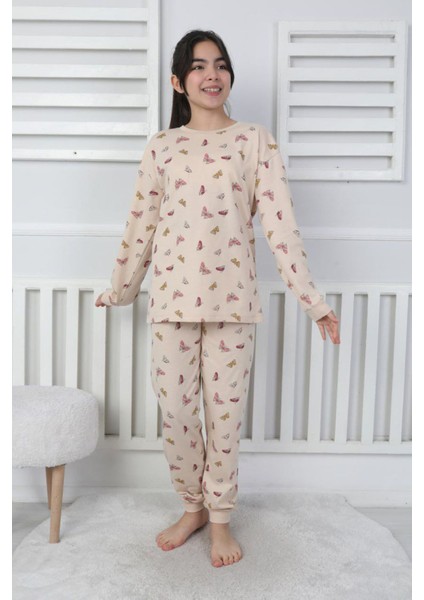 Isob Bej Kelebek Desenli %100 Pamuk Kız Çocuk Pijama Takımı 3-8 Yaş 31207-B