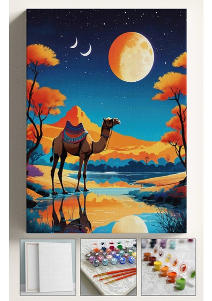 Sayılarla Boyama Çerçeveli Hobi Seti Numaralı Tuval Fırça Boya Dahil Kasnaklı 40X50 cm Mısır Deve