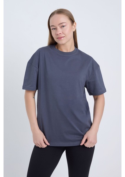 Kadın Oversize Basic Antrasit Renk T-Shirt