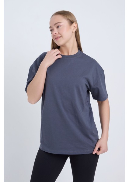 Kadın Oversize Basic Antrasit Renk T-Shirt