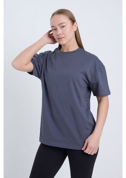 Kadın Oversize Basic Antrasit Renk T-Shirt