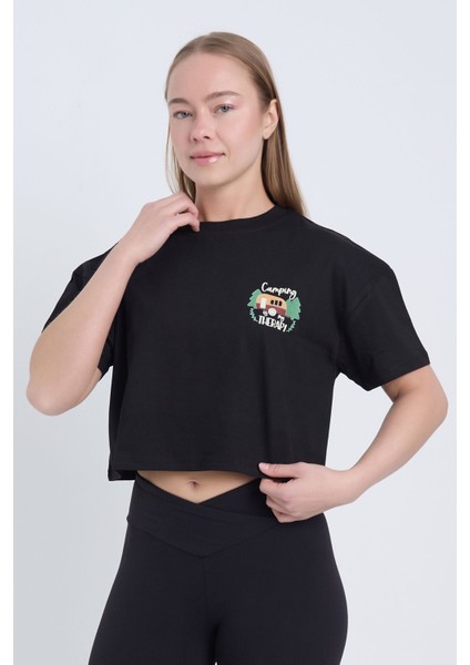 Kadın Oversize Camping Therapy Baskılı Beyaz Renk Crop