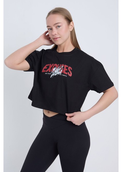 Kadın Oversize Excuses Baskılı Beyaz Renk Crop
