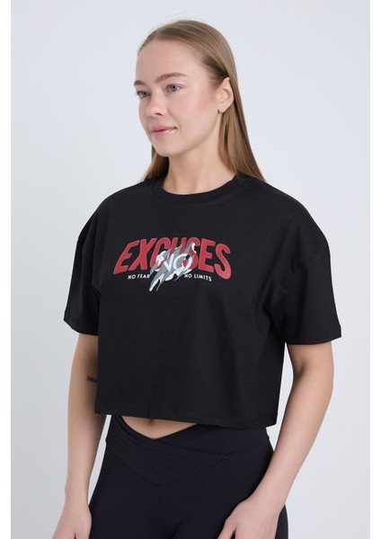 Kadın Oversize Excuses Baskılı Beyaz Renk Crop