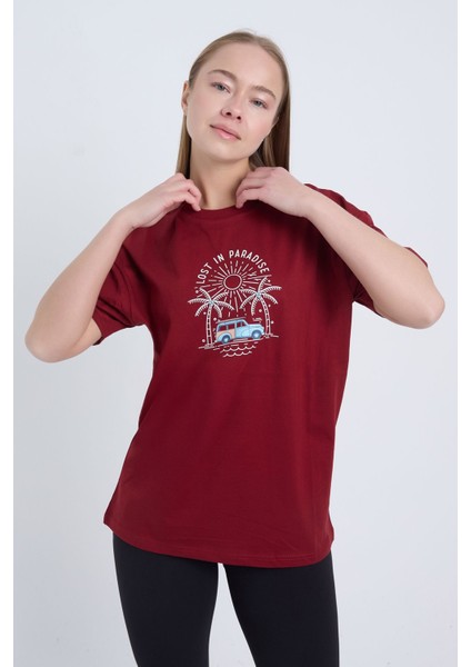 Kadın Oversize Bordo Lost In Paradise T-Shirt