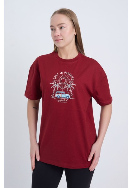 Kadın Oversize Bordo Lost In Paradise T-Shirt