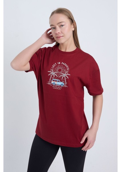 Kadın Oversize Bordo Lost In Paradise T-Shirt
