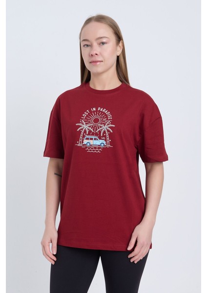 Kadın Oversize Bordo Lost In Paradise T-Shirt
