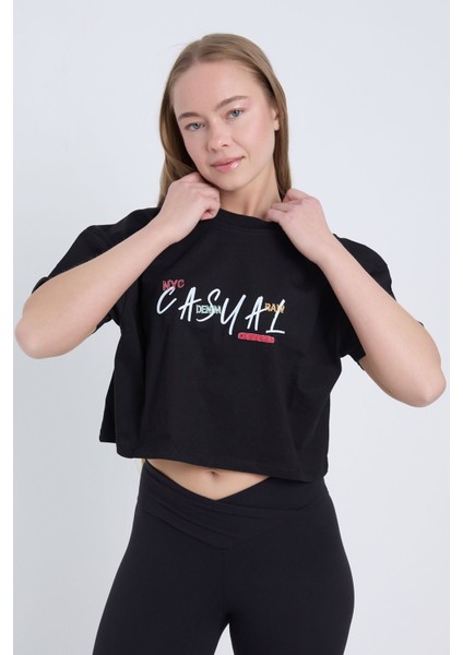 Kadın Oversize Casual Baskılı Siyah Renk Crop