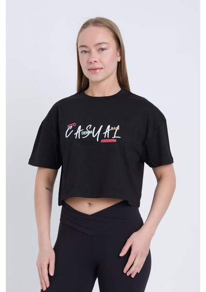 Kadın Oversize Casual Baskılı Siyah Renk Crop